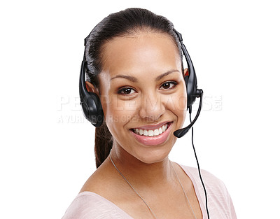 Buy stock photo Woman, portrait and call center employee in studio, headset with CRM with customer service isolated on white background. Contact us, telemarketing with tech support, customer care and female smile