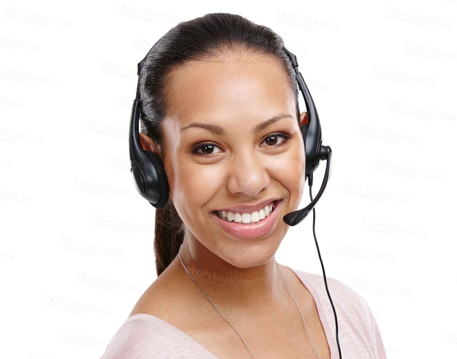 Buy stock photo Woman, portrait and call center employee in studio, headset with CRM with customer service isolated on white background. Contact us, telemarketing with tech support, customer care and female smile