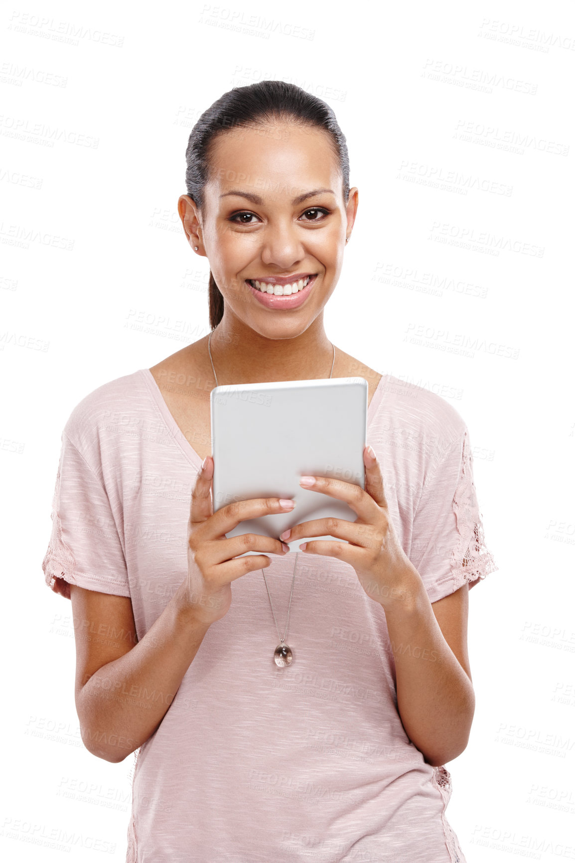 Buy stock photo Woman, tablet and smile for social media, research or streaming against a white studio background. Portrait of isolated attractive young female holding wireless touchscreen for online entertainment