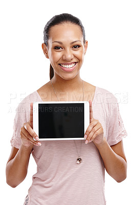 Buy stock photo Screen, portrait and woman with tablet mockup in studio isolated on a white background. Marketing, branding and happy female holding touchscreen technology for product placement or advertising space.