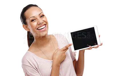 Buy stock photo Portrait, pointing and woman with tablet mockup in studio isolated on a white background. Face, marketing and happy female holding touchscreen technology for product placement or advertising space