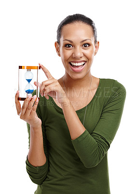 Buy stock photo Portrait, woman and holding sand hourglass with excited gesture of running time. Surprised, person and hands on face for countdown of vacation decision with passing minute in white studio background