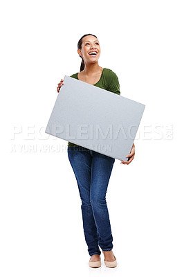 Buy stock photo Thinking, woman and poster for advertising mockup, information or news with billboard and ideas on white background. Announcement, coming soon or join us with sign for marketing, promo and ads choice