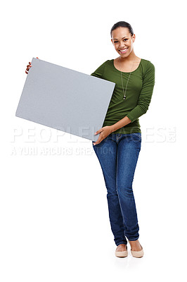 Buy stock photo Portrait of an attractive young woman holding a board isolated on white