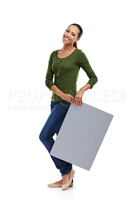 Buy stock photo Woman, smile and board for marketing, advertising and presentation of information for sign and isolated. Young person, portrait and stand with poster for brand, logo or service on white background  
