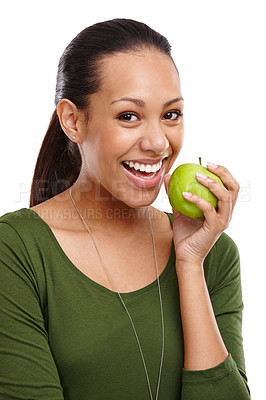 Buy stock photo Woman, portrait and apple for diet in studio, benefits and fruit for nutrition on white background. Female person, wellness and pride for detox or minerals and fiber, weight loss and organic vitamins