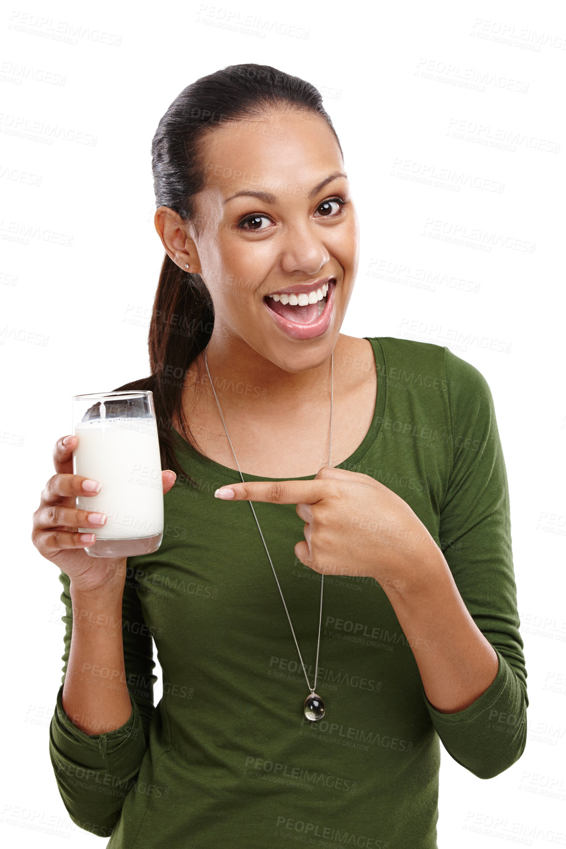 Buy stock photo Woman, portrait and milk for detox in studio, dairy and milkshake for nutrition on white background. Female person, pointing and proud of vanilla smoothie for diet, weight loss and organic vitamin d