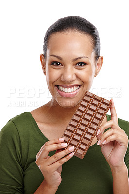 Buy stock photo Woman, portrait and chocolate in isolated, studio and smile in white background. Female person, happy and sweets in backdrop with candy, dessert and food for diet, snack and cocoa for nutrition