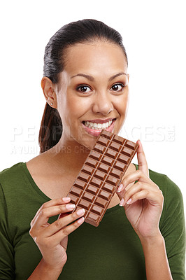 Buy stock photo Woman, portrait and chocolate in isolated, white background and smile in studio. Female person, happy and sweets in backdrop with candy, dessert and food for diet, snack and cocoa for nutrition