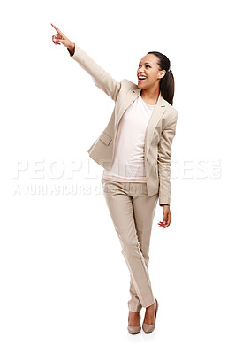 Buy stock photo Female person and pointing in studio for business or work or career, cheerful or happy with smile. African woman, secretary and hand on white background, professional or corporate with confidence