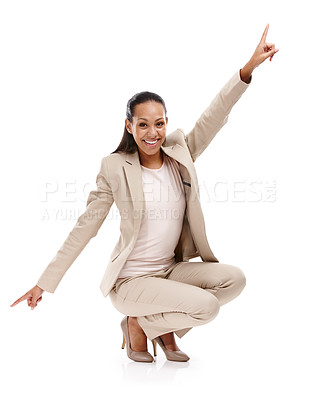 Buy stock photo African woman and pointing in studio for business or career with administration, happy with smile in portrait. Secretary, choice and direction with white background, professional with confidence