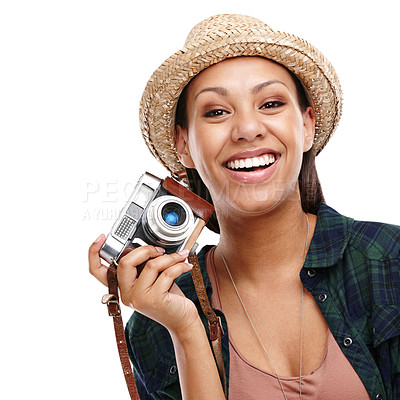 Buy stock photo Woman, portrait and camera in isolated, travel and happy in white background or studio. Female person, smile and summer for tourism, destination and photography in backdrop on vacation or holiday