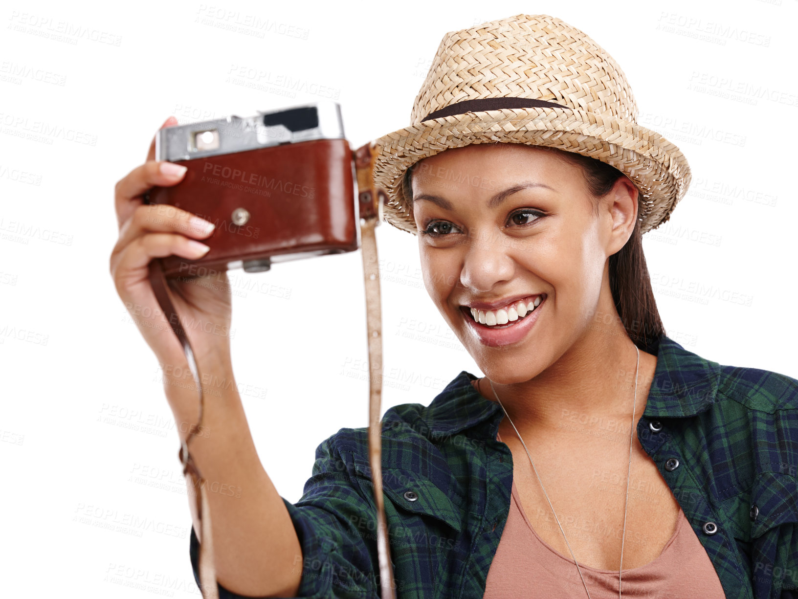 Buy stock photo Woman, selfie and retro camera for happy, travel and white background or studio. Female person, smile and summer for tourism, destination and film photography in backdrop, vacation and holiday