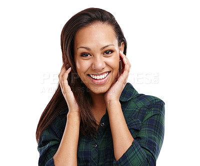 Buy stock photo Portrait of an attractive young woman wearing a checkered shirt isolated on white