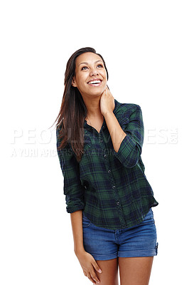 Buy stock photo Thinking, woman and vision with planning, solutions and ideas for a startup business strategy. Happy, person and brainstorming for information on decisions in isolated white studio background