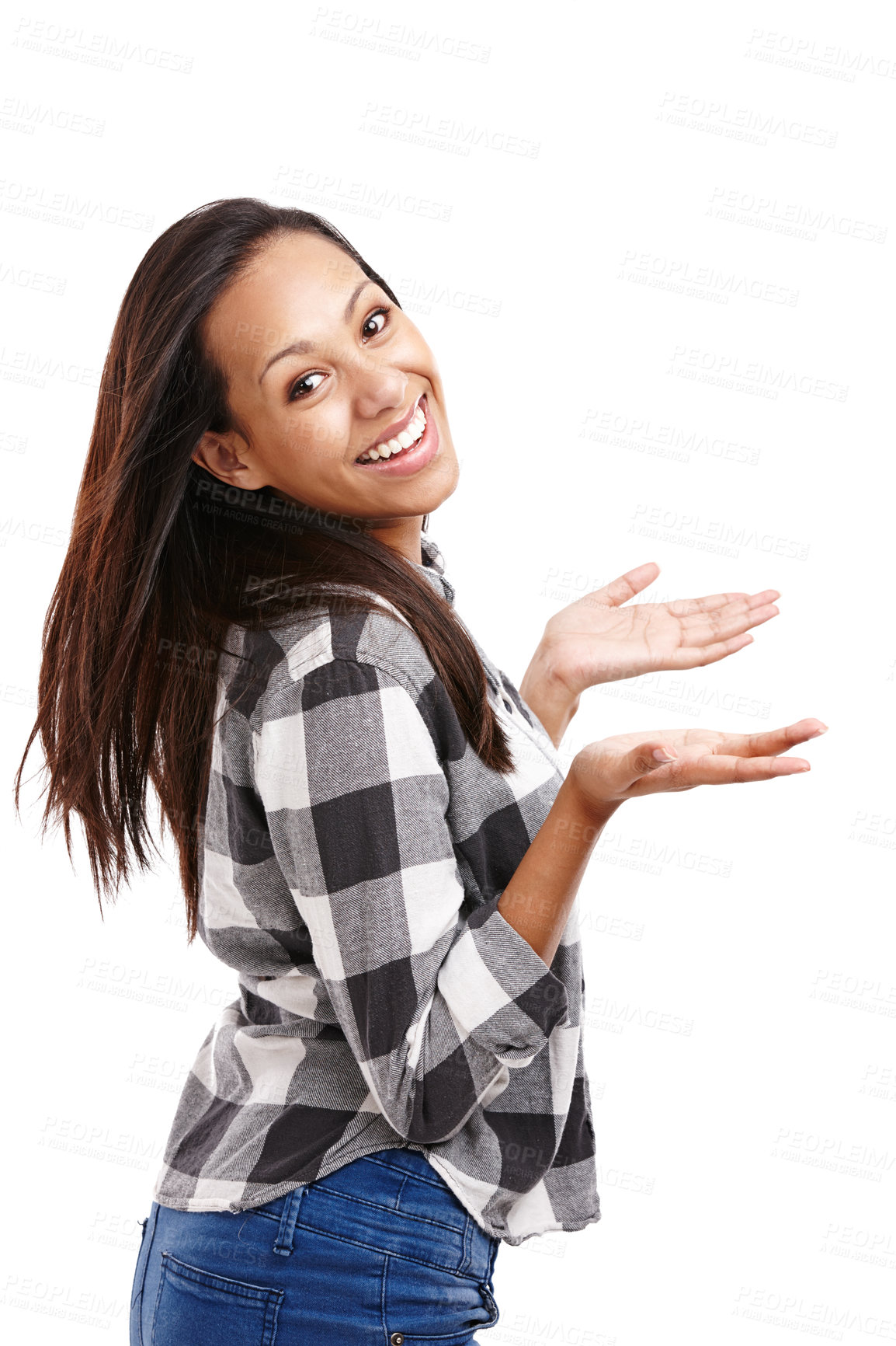 Buy stock photo Woman, portrait and happy for fashion, isolated and gesture with backdrop, mockup and space in studio background. Female person, smile and positive in stylish, edgy and clothes for casual or model