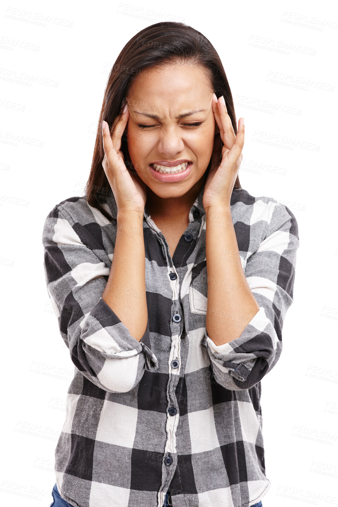 Buy stock photo Woman, isolated and pain with hands on temple, headache and frustration in white background or studio. Female person, stressed and medical condition for healthcare, wellness and medicine in backdrop