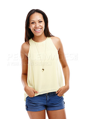 Buy stock photo Black woman, fashion and portrait with hands in pockets for clothes, style or trendy. Female model, jewelry and smile with confidence for cool, design and isolated in studio on white background