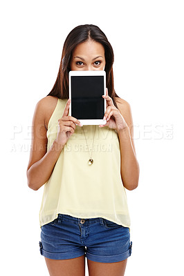 Buy stock photo Portrait, woman and tablet screen for advertising mockup, information or online news on white background. Announcement, coming soon or join us on website, digital marketing and app ads in studio