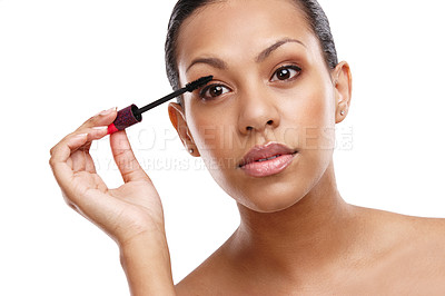 Buy stock photo Face, mascara for lashes and woman with beauty, brush for makeup and tools for volume on white background. Cosmetology, cosmetics product and wand for eyelash, makeover and transformation in studio