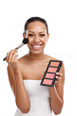 Buy stock photo Woman, portrait and makeup in studio with brush, palette and smile for cosmetics by white background. Happy, tool and face of female model for aesthetic with blush, and glowing skin by backdrop 