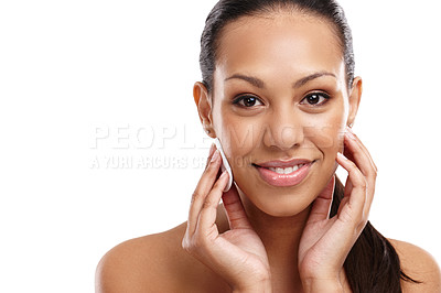 Buy stock photo Skincare, makeup removal and portrait of woman with cotton pad for dermatology, wellness or cosmetics in white background. Beauty, hand and model for toner, application and cleansing in studio