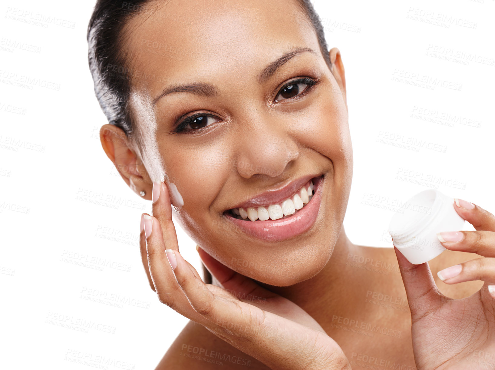 Buy stock photo Woman, portrait and cosmetics with skincare in studio with confidence for product, dermatology and wellness. Female person, cream and facial for healthy skin with treatment for self care and beauty