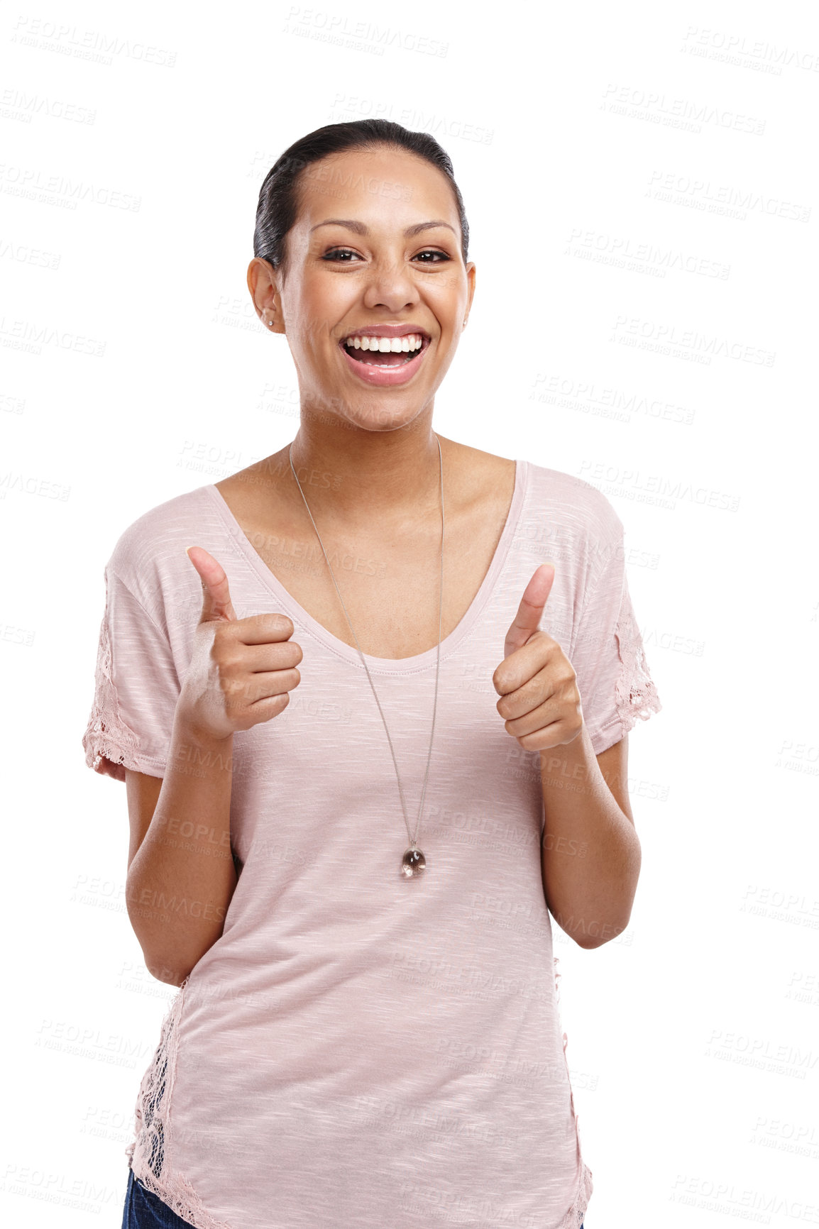 Buy stock photo Portrait, thumbs up and motivation with a model black woman in studio isolated on a white background. Emoji, hands and support with a young female winner on blank space for review or feedback