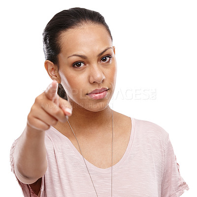 Buy stock photo Discipline, studio and woman pointing her finger while scolding, talking or fighting with anger. Upset, mad and strict female model from Mexico in an argument or fight isolated by a white background.