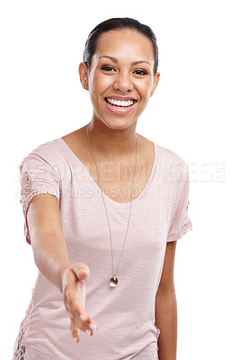 Buy stock photo Handshake, portrait and woman model in studio for greeting, welcome or positive agreement. Friendly, happiness and female from Mexico with shaking hands gesture for deal isolated by white background.