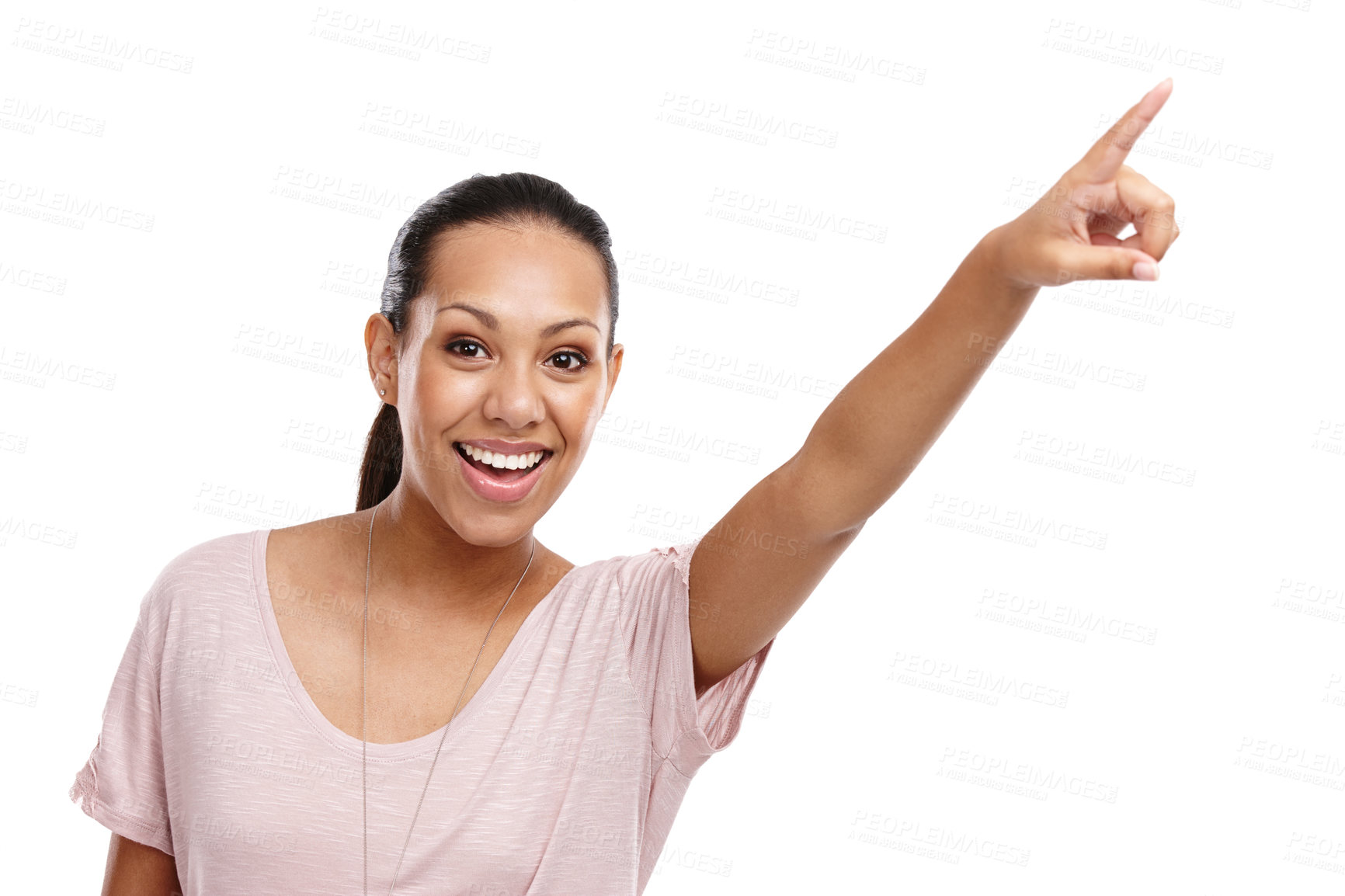 Buy stock photo Black woman, excited portrait and pointing finger in studio for advertising mockup, marketing promo or retail sales suggestion. Happy person, point and vision motivation isolated in white background