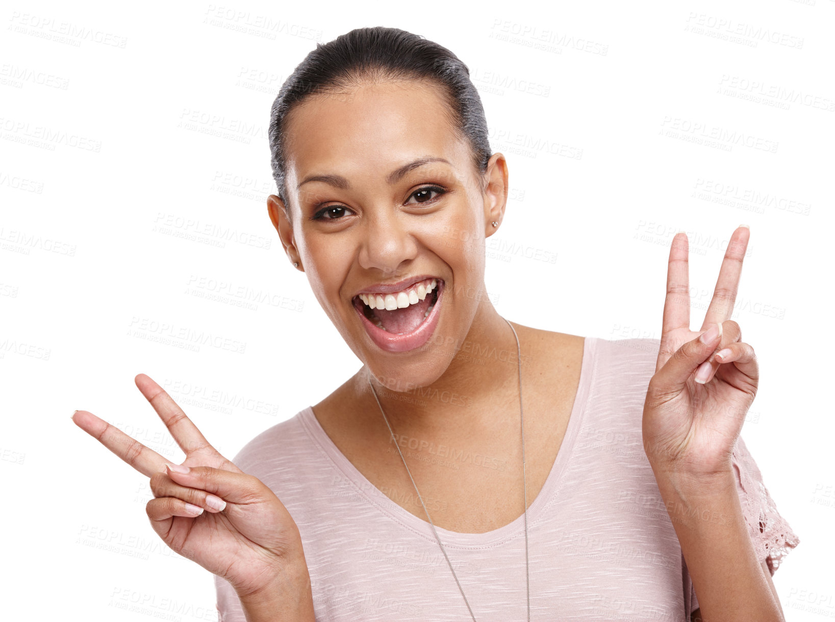 Buy stock photo Peace sign, smile and portrait of woman on a white background for happy, relaxing and positive mindset. Beauty, emoji and face of girl isolated in studio with hand gesture for calm, wellness and zen