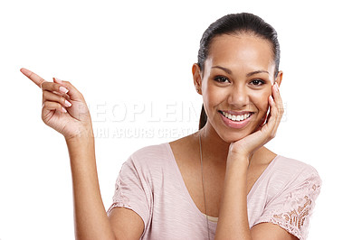 Buy stock photo Black woman, portrait and pointing finger at space for advertising, product placement and motivation. Female model smile and hand for promotion, discount or deal offer isolated on white background