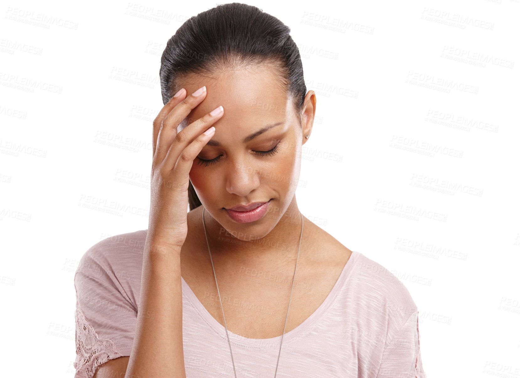 Buy stock photo Headache, woman and face with pain, stress and fatigue with crisis and anxiety isolated on white background. Mental health, depression and psychology, brain and portrait with and brain fog mockup