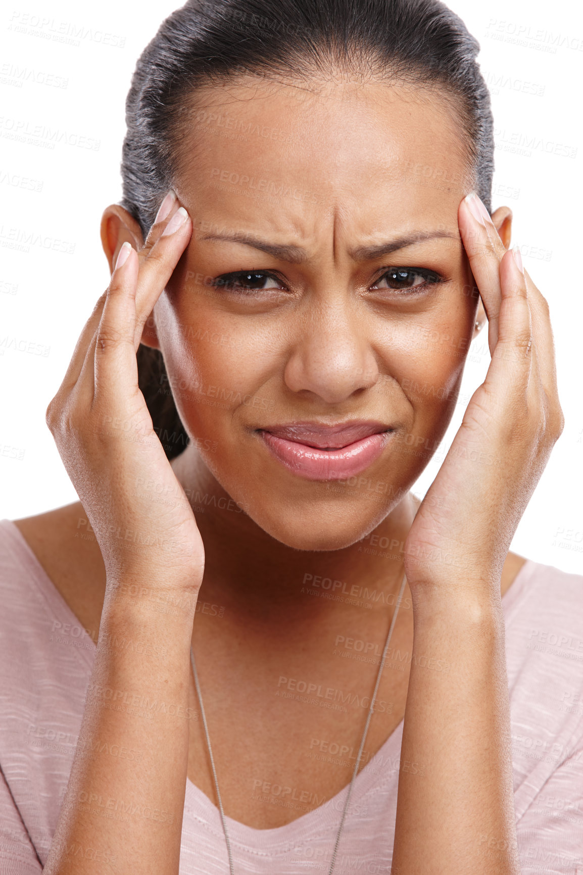 Buy stock photo Headache, woman and face with pain, stress portrait with crisis and anxiety isolated on white background. Mental health, depression and psychology, brain and frustrated, fatigue and brain fog