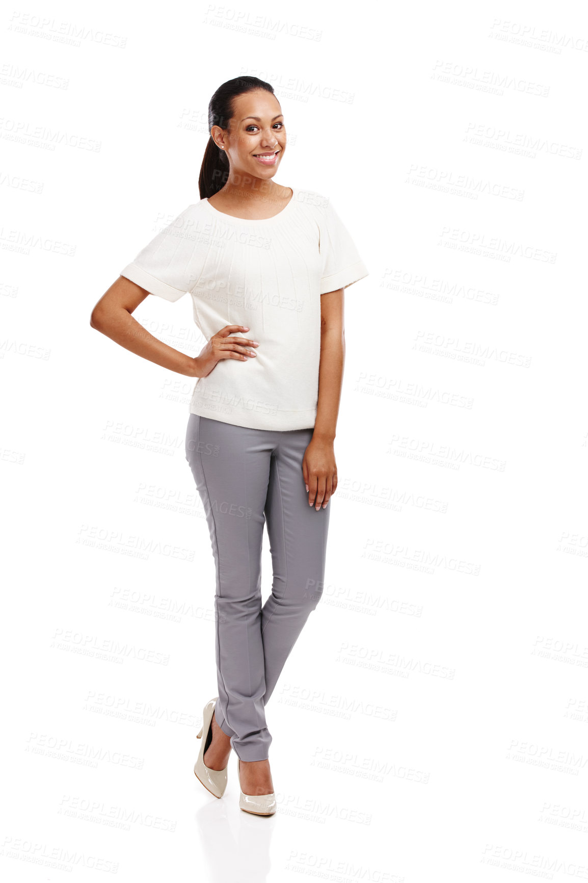 Buy stock photo Smile, woman and studio portrait in white background, isolated pose. Happy female model, trendy fashion and casual outfit style standing with pride, motivation and happiness in confident empowerment
