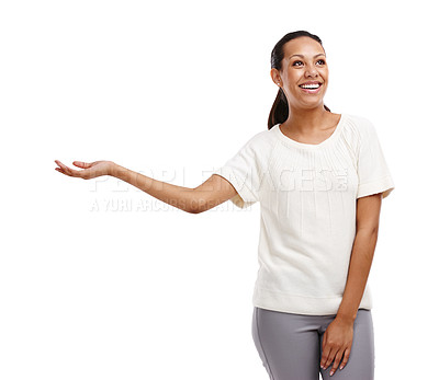 Buy stock photo Black woman, hand and mockup space for product placement advertising and motivation while laughing. Female model with empty palm for promotion, discount or deal offer isolated on a white background