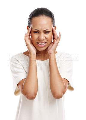 Buy stock photo Black woman, headache and stress or mental health depression, fatigue or tired isolated in white background. African girl, head pain and frustrated, overworked or burnout risk, frustration or anxiety