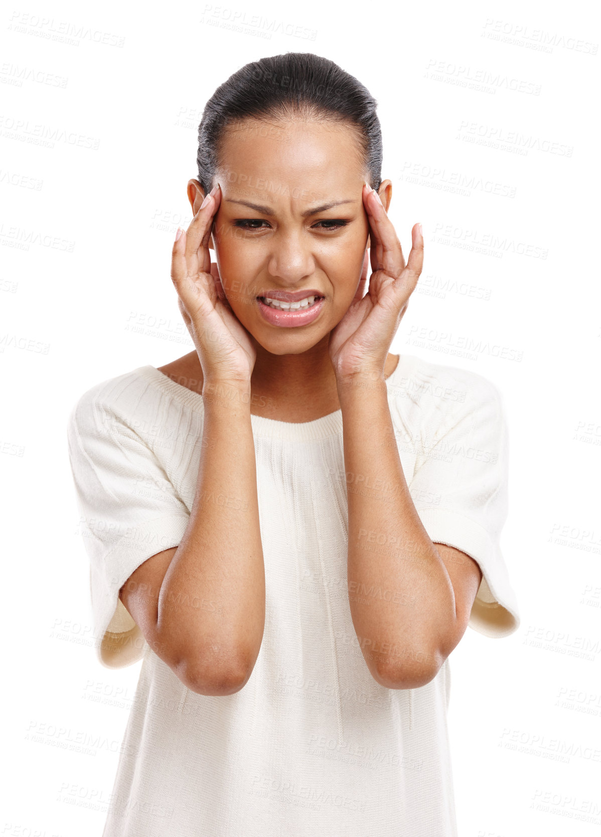 Buy stock photo Black woman, headache and stress or mental health depression, fatigue or tired isolated in white background. African girl, head pain and frustrated, overworked or burnout risk, frustration or anxiety