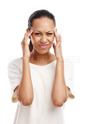 Buy stock photo Portrait, black woman and headache with stress, pain and girl isolated on white studio background. African American female, lady and depression with burnout, overworked or anxiety with hands on head