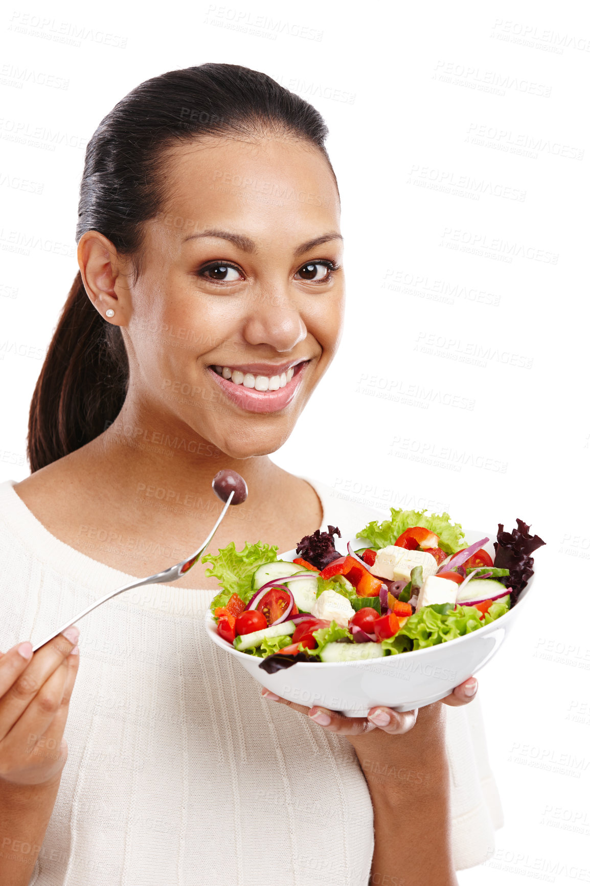 Buy stock photo Black woman, eating vegetable salad and happy for diet nutrition, breakfast health and vegan isolated in white background studio. African girl, smile portrait and healthy food meal or lettuce lunch 