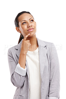 Buy stock photo Woman, business ideas and thinking for company future, inspiration for problem solving and expert on white background. Corporate decision, solution and brainstorming with professional in studio