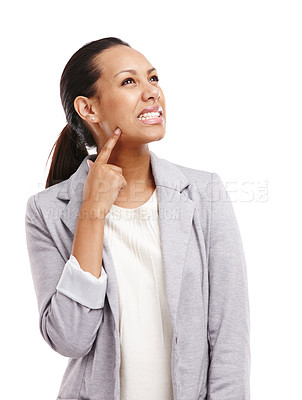 Buy stock photo Lady, business person and thinking for career, corporate planning and project management for company on white background. African woman or consultant isolated with frown and vision for idea strategy