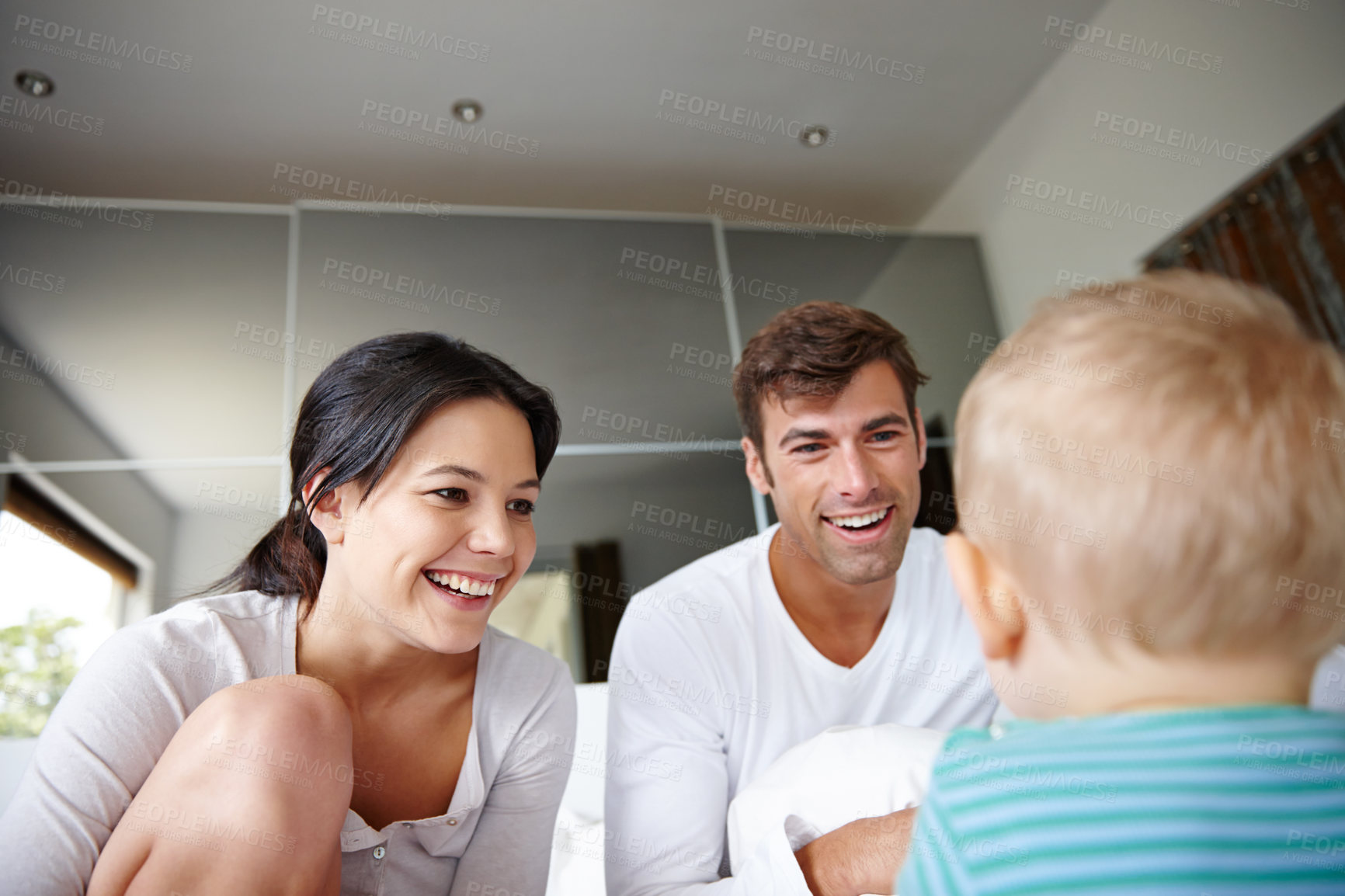 Buy stock photo Parents, smile and child in house for family, childhood and development for happiness, fun and bonding indoor. Mother, father and boy or kid for laugh, play and love together for care and relax  