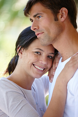 Buy stock photo Couple, hug and outdoors together in portrait, love and affection in marriage or romance in nature. People, happy and smile in embrace for healthy relationship, commitment and relax on vacation