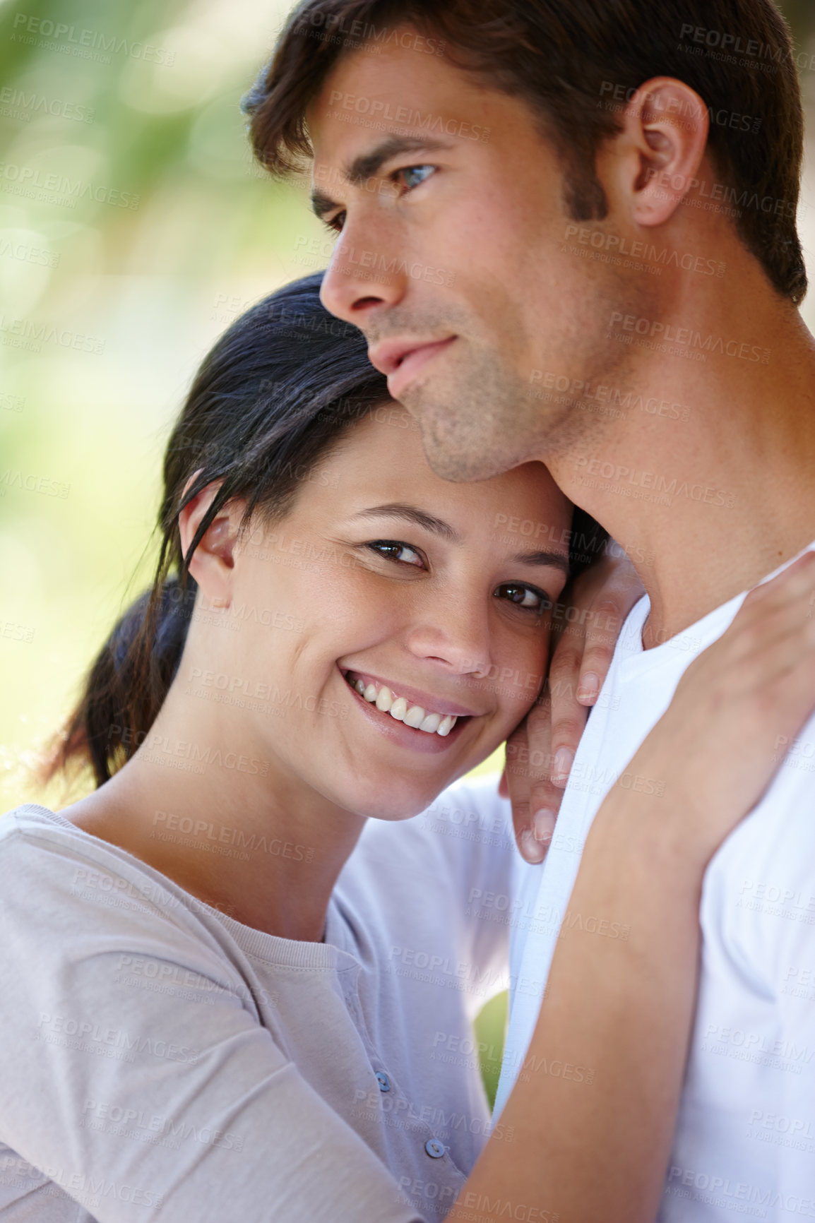 Buy stock photo Couple, hug and outdoors together in portrait, love and affection in marriage or romance in nature. People, happy and smile in embrace for healthy relationship, commitment and relax on vacation