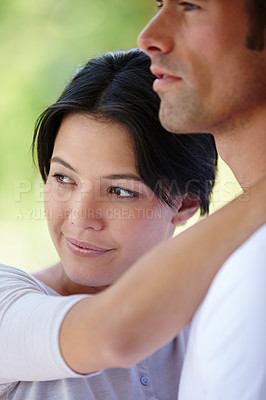 Buy stock photo Couple, hug and outdoors together for bonding, love and affection in marriage or romance in nature. People, happy and smile in embrace for healthy relationship, commitment and relax on vacation