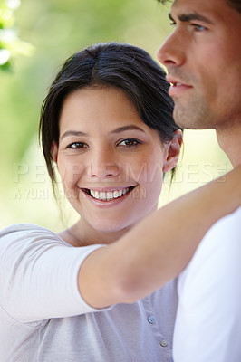 Buy stock photo Couple, hug and outdoor portrait for bonding, love and affection in marriage or romance in nature. People, support and smile in embrace for healthy relationship, commitment and relax on vacation