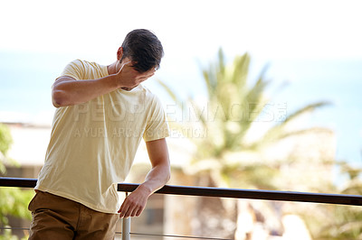 Buy stock photo Man, balcony and headache with depression from loss with mental health, stress and grief. Male person, tragedy and sorrow with pain from anxiety in burnout with struggle, divorce and low spirits