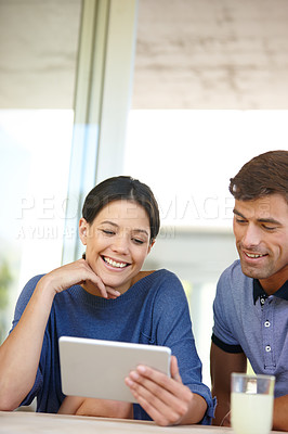 Buy stock photo Couple, tablet and happy in house with love for social media, film and online shopping by ecommerce. Man, tech and woman with smile in home living room for movie, internet and website or video 